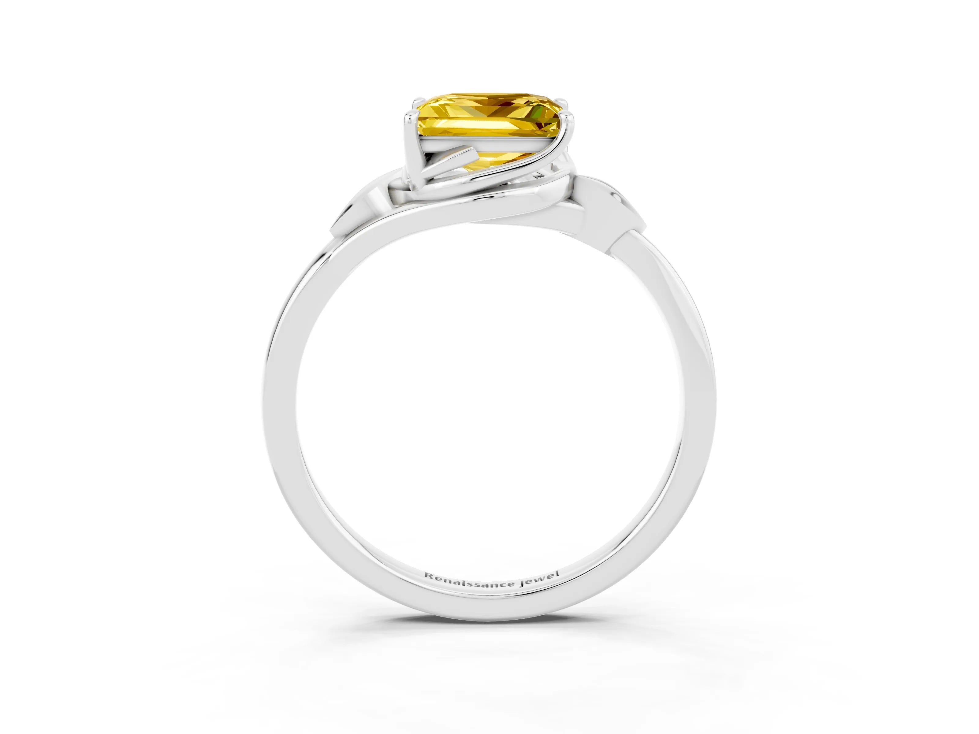 White gold Princess Cut Yellow Sapphire Solitaire Ring with Twist Band and Four-Prong Setting_15