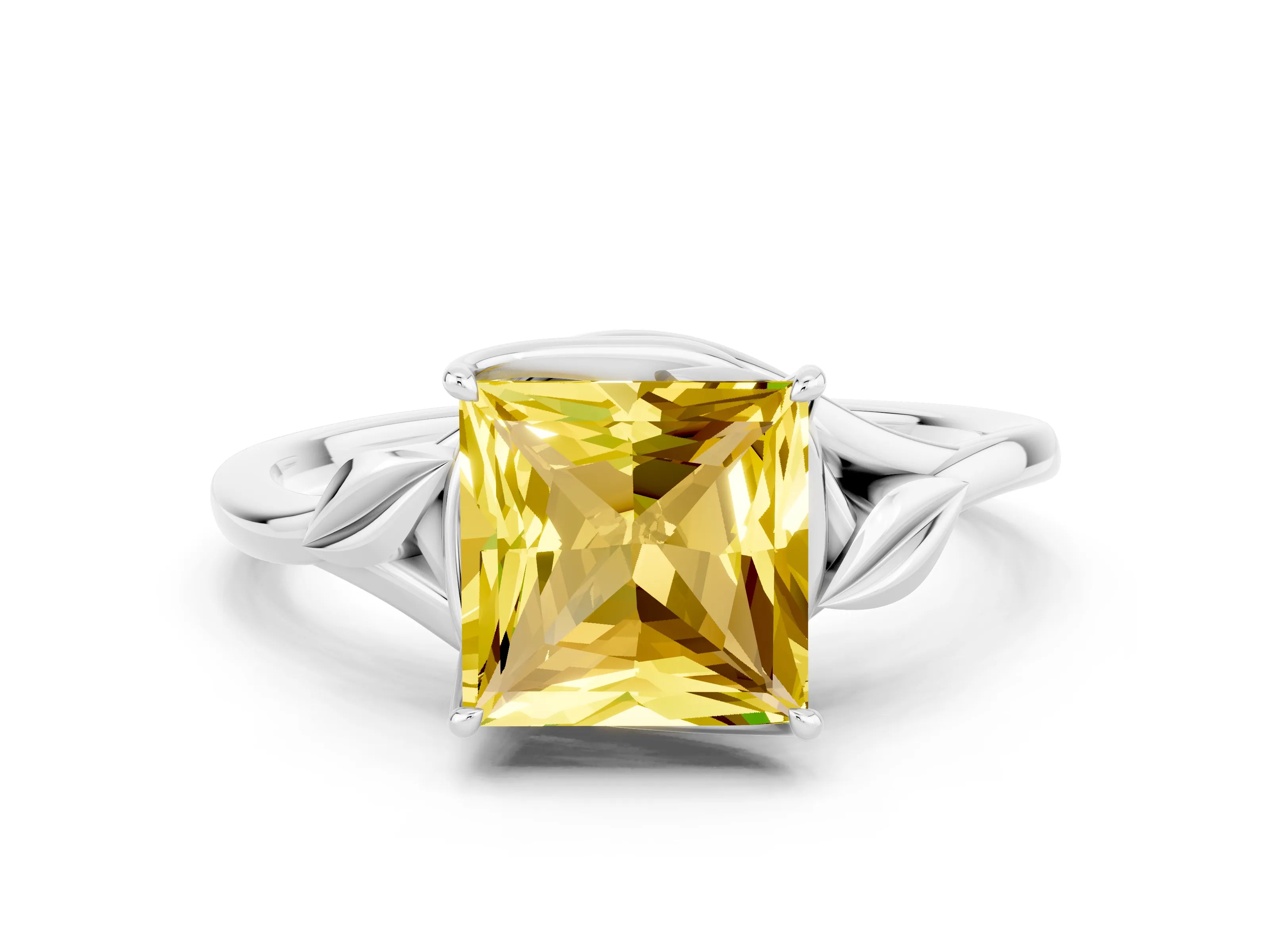 White gold Princess Cut Yellow Sapphire Solitaire Ring with Twist Band and Four-Prong Setting_36