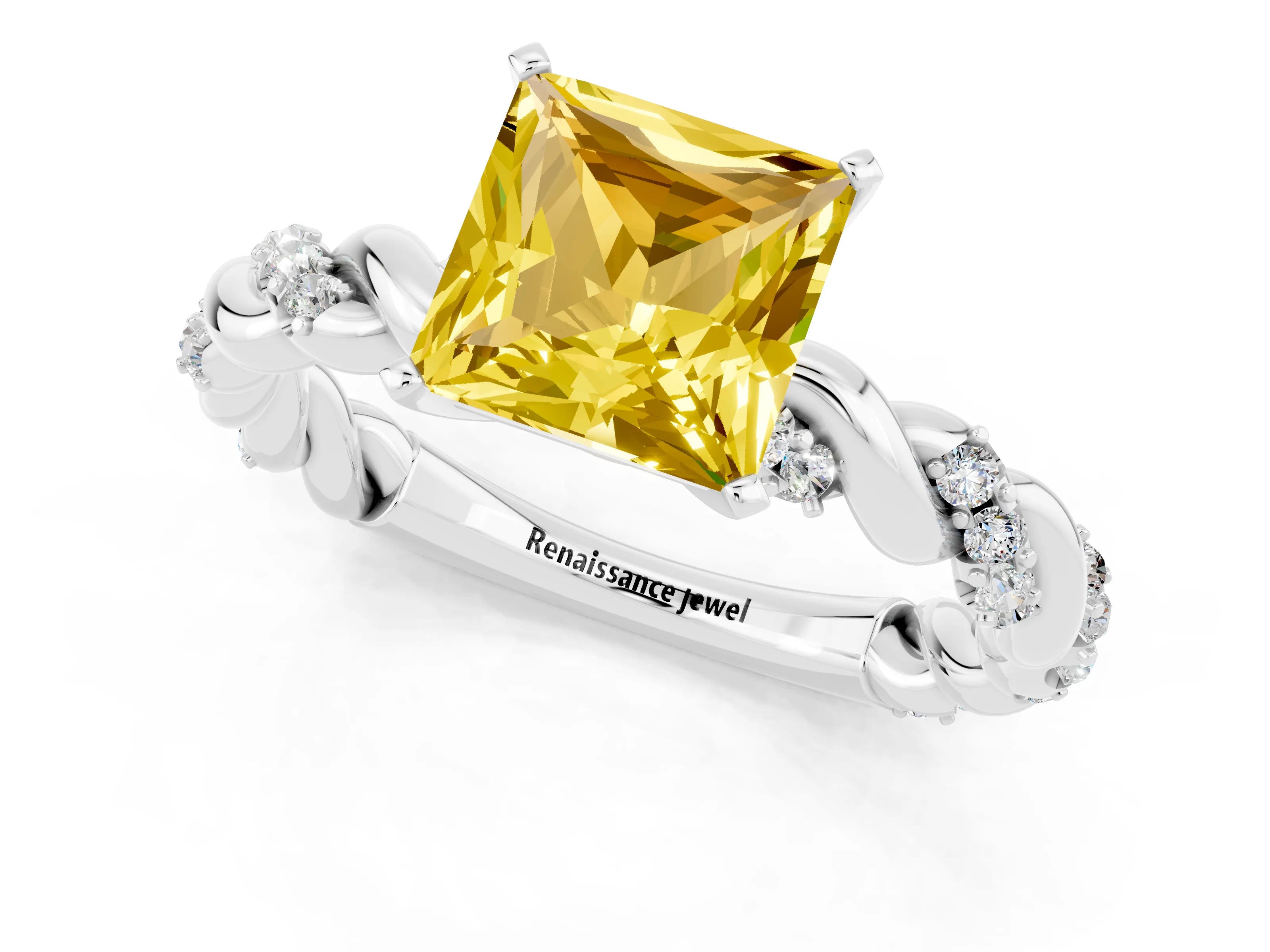 White gold Princess Cut Yellow Sapphire Solitaire Ring with Twisted Band and Pavé Accents_1