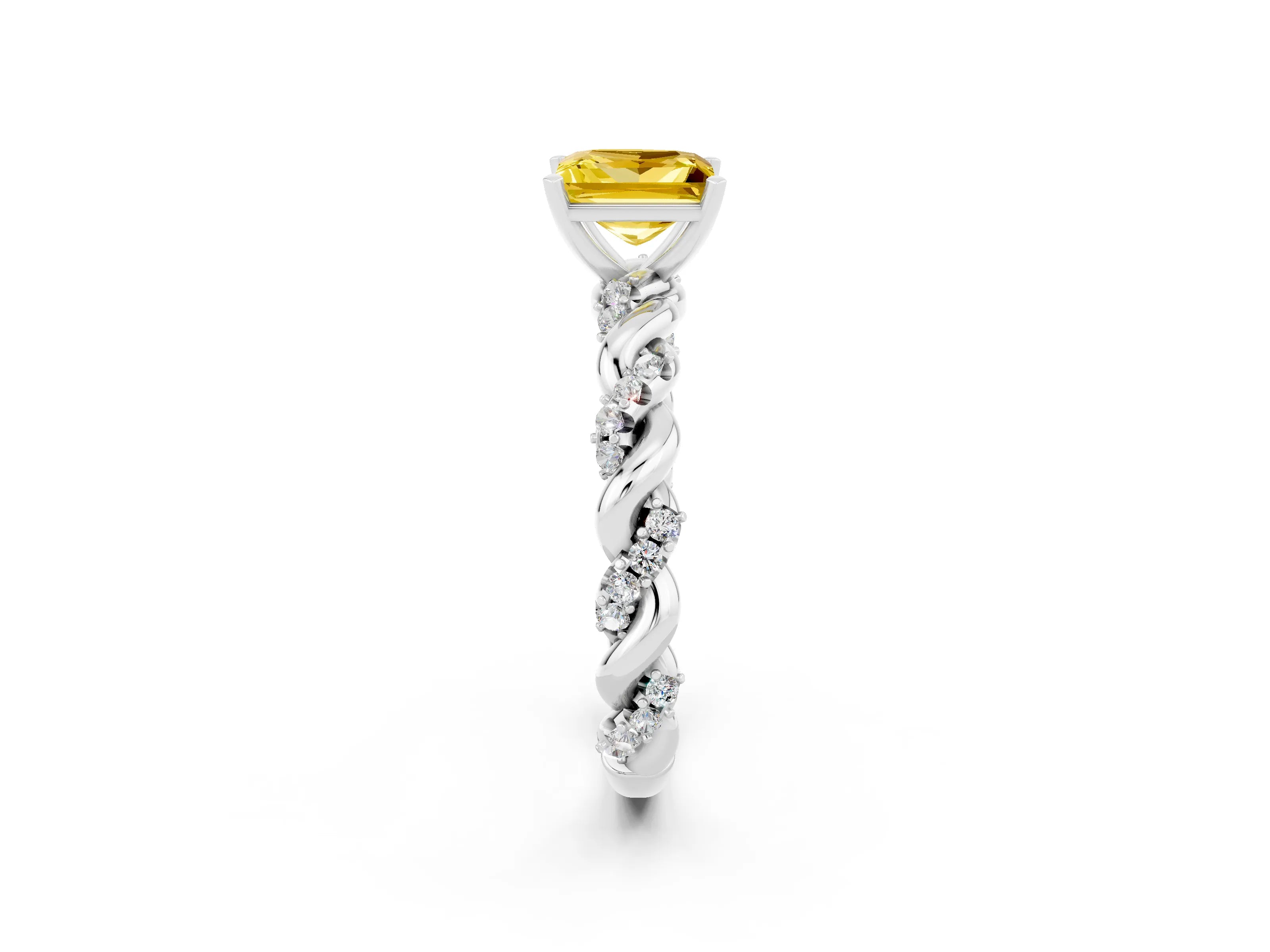 White gold Princess Cut Yellow Sapphire Solitaire Ring with Twisted Band and Pavé Accents_2