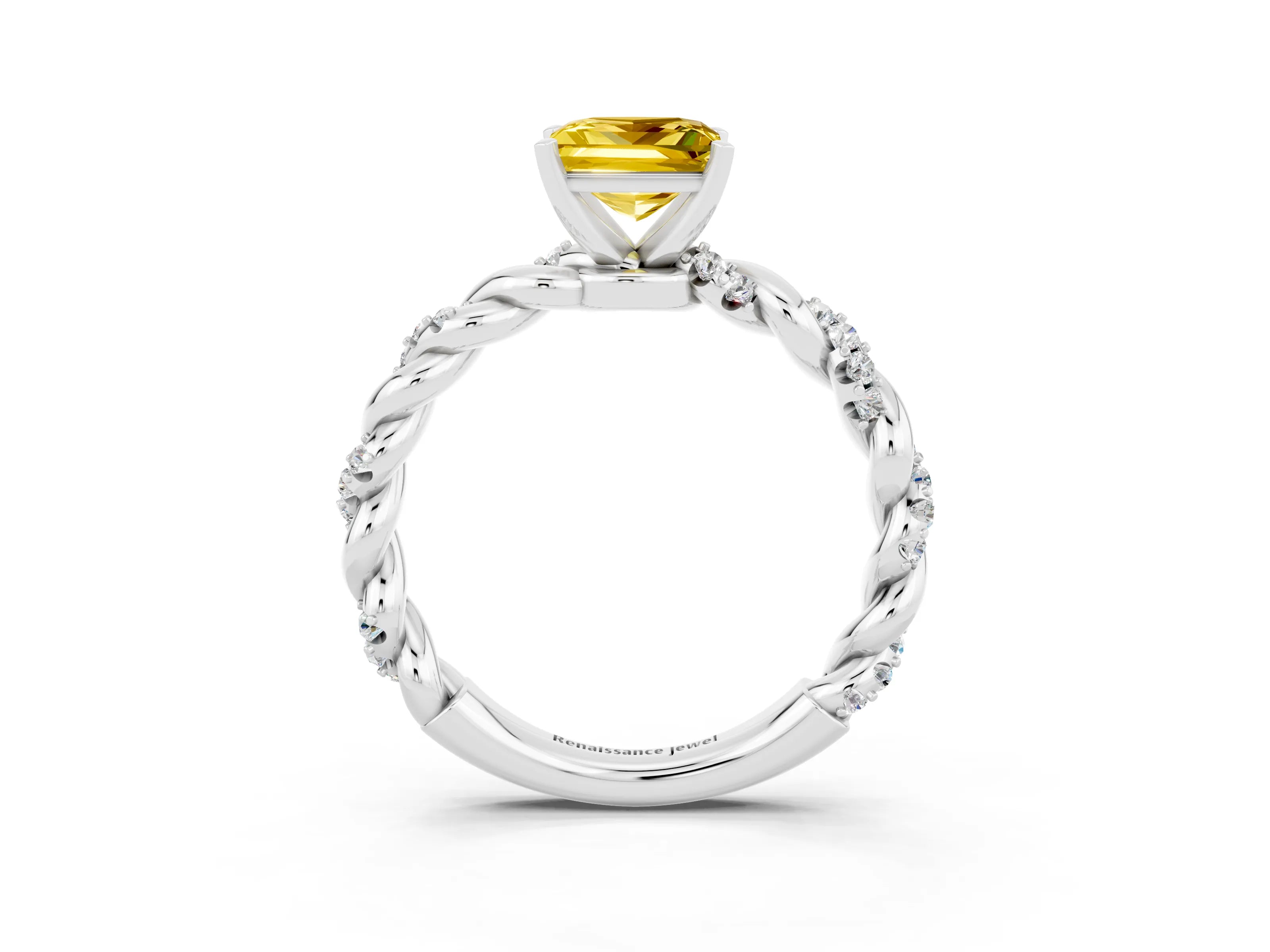 White gold Princess Cut Yellow Sapphire Solitaire Ring with Twisted Band and Pavé Accents_3