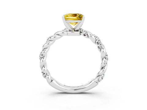 White gold Princess Cut Yellow Sapphire Solitaire Ring with Twisted Band and Pavé Accents_3