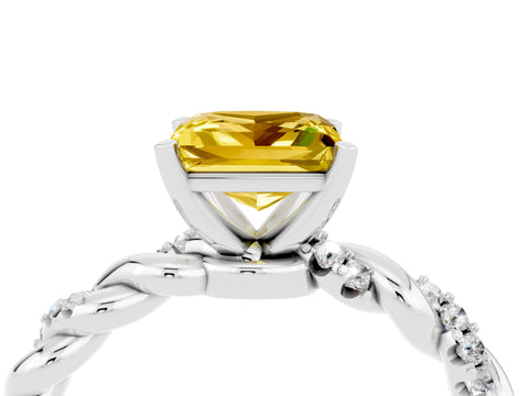 White gold Princess Cut Yellow Sapphire Solitaire Ring with Twisted Band and Pavé Accents_4