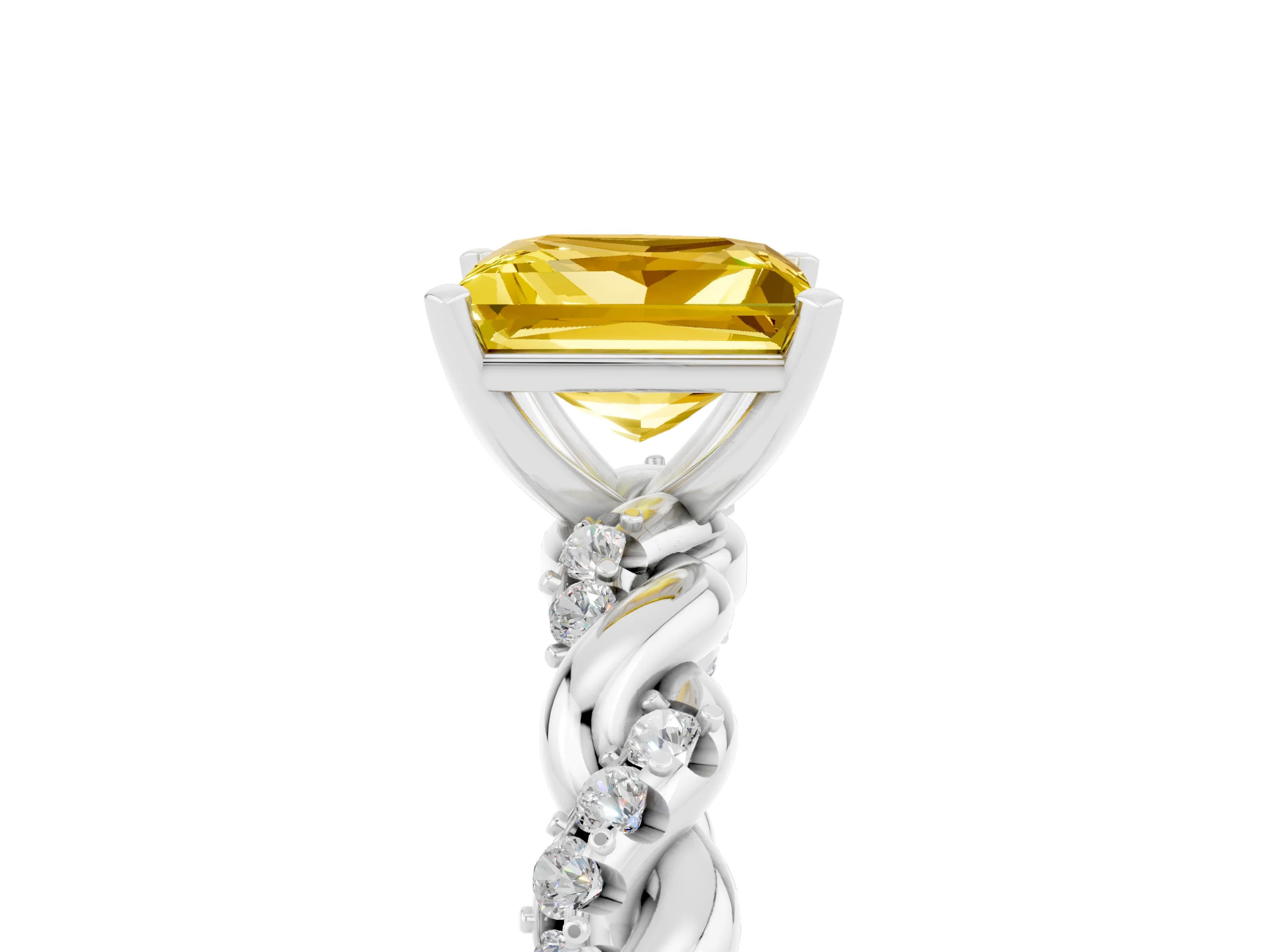 White gold Princess Cut Yellow Sapphire Solitaire Ring with Twisted Band and Pavé Accents_5