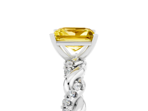 White gold Princess Cut Yellow Sapphire Solitaire Ring with Twisted Band and Pavé Accents_5