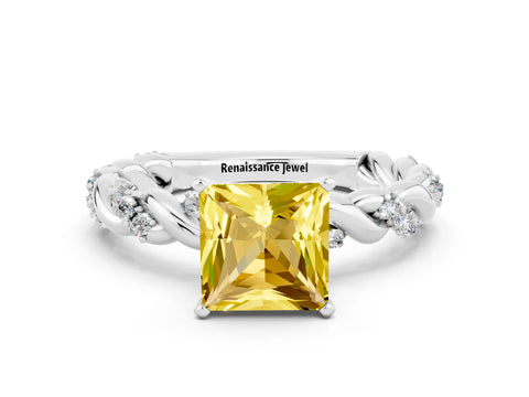 White gold Princess Cut Yellow Sapphire Solitaire Ring with Twisted Band and Pavé Accents