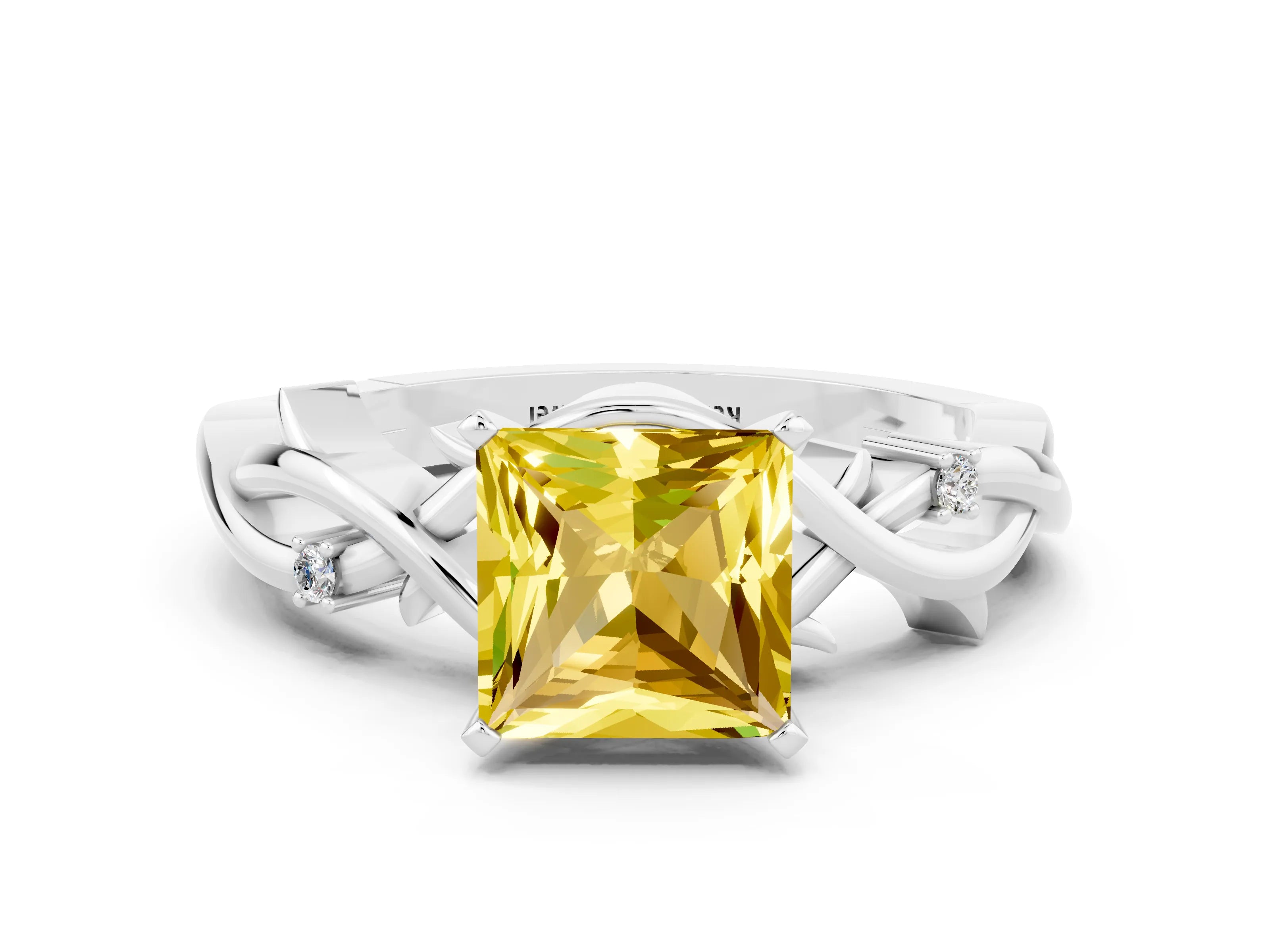 White gold Princess Cut Yellow Sapphire Solitaire Ring with Twisted Band and Prong Setting