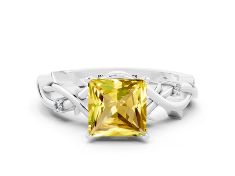 White gold Princess Cut Yellow Sapphire Solitaire Ring with Twisted Band and Prong Setting_12
