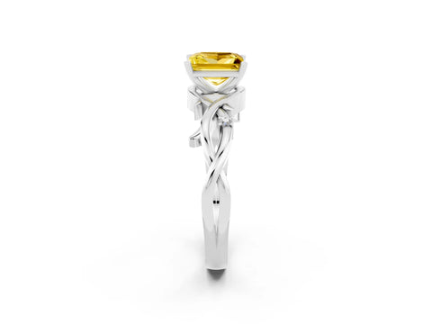 White gold Princess Cut Yellow Sapphire Solitaire Ring with Twisted Band and Prong Setting_14