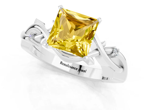 White gold Princess Cut Yellow Sapphire Solitaire Ring with Twisted Band and Prong Setting_1