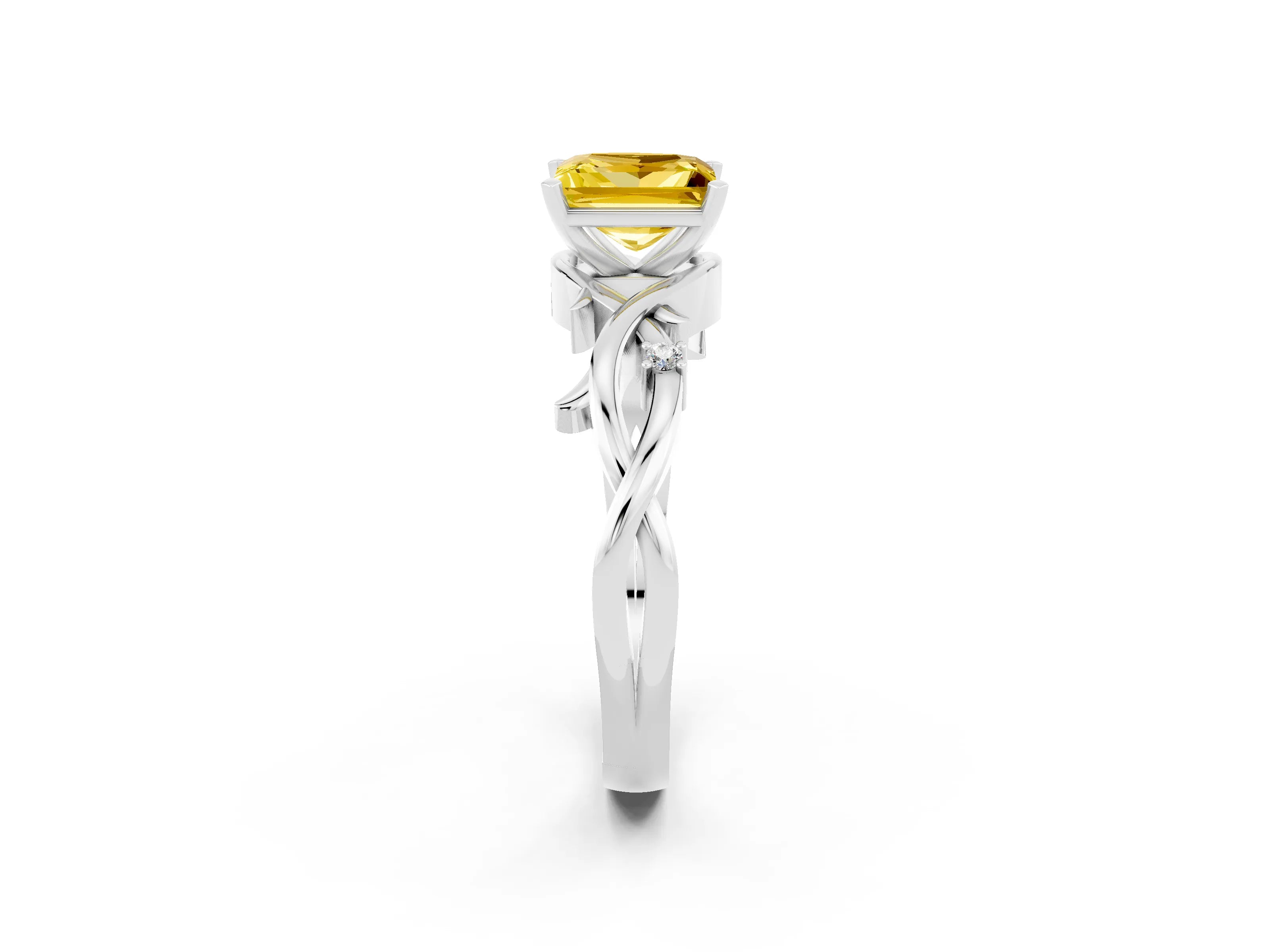 White gold Princess Cut Yellow Sapphire Solitaire Ring with Twisted Band and Prong Setting_2
