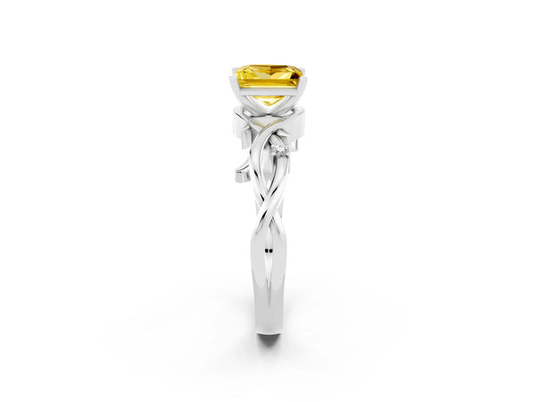 Silver Princess Cut Yellow Sapphire Solitaire Ring with Twisted Band and Prong Setting