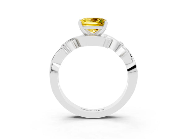 Silver Princess Cut Yellow Sapphire Solitaire Ring with Twisted Band and Prong Setting