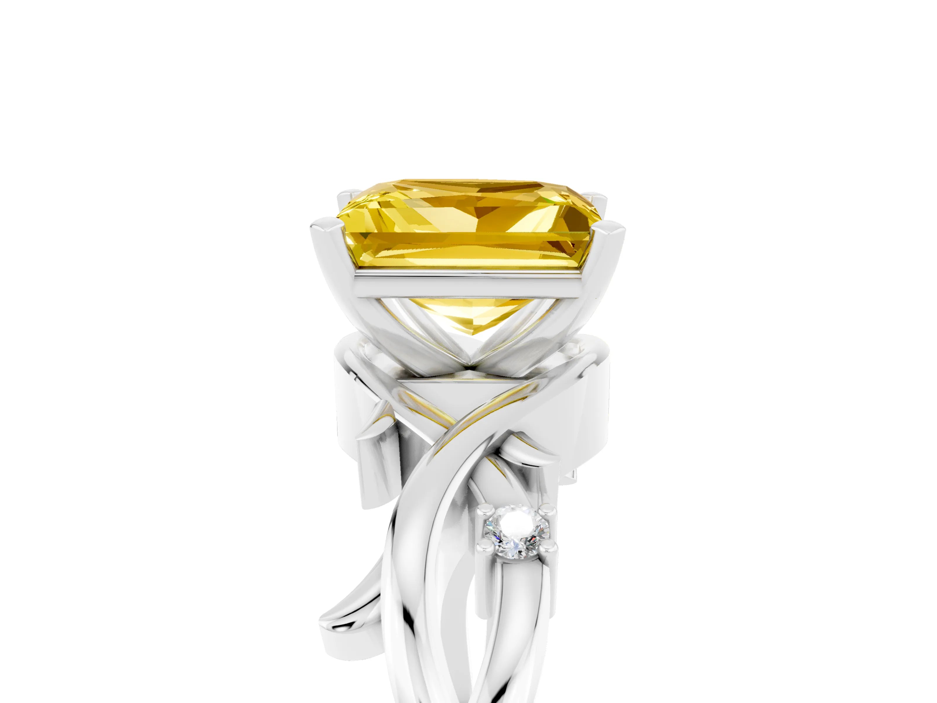 White gold Princess Cut Yellow Sapphire Solitaire Ring with Twisted Band and Prong Setting_5