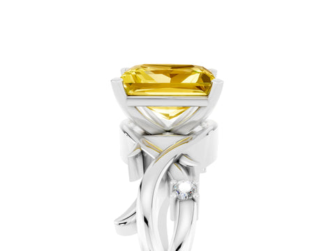 White gold Princess Cut Yellow Sapphire Solitaire Ring with Twisted Band and Prong Setting_5