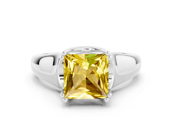 White gold Princess Cut Yellow Sapphire Solitaire Ring with Wide Band and Prong Setting