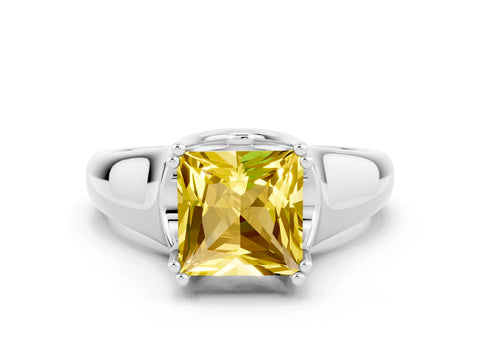 White gold Princess Cut Yellow Sapphire Solitaire Ring with Wide Band and Prong Setting_24