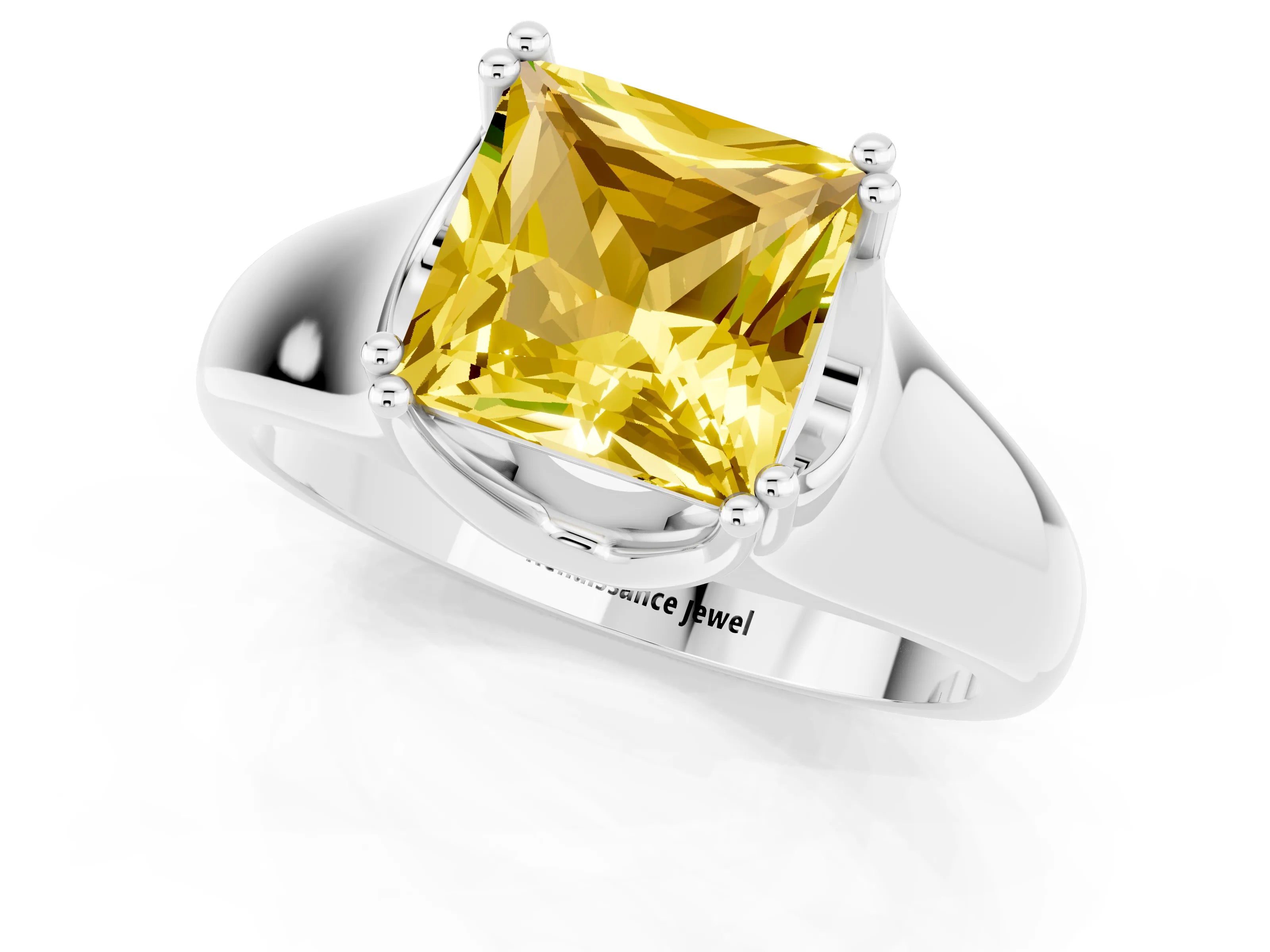 White gold Princess Cut Yellow Sapphire Solitaire Ring with Wide Band and Prong Setting_25