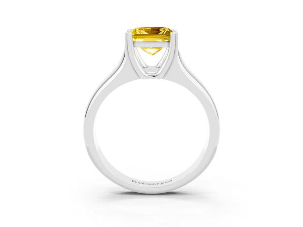 Silver Princess Cut Yellow Sapphire Solitaire Ring with Wide Band and Prong Setting