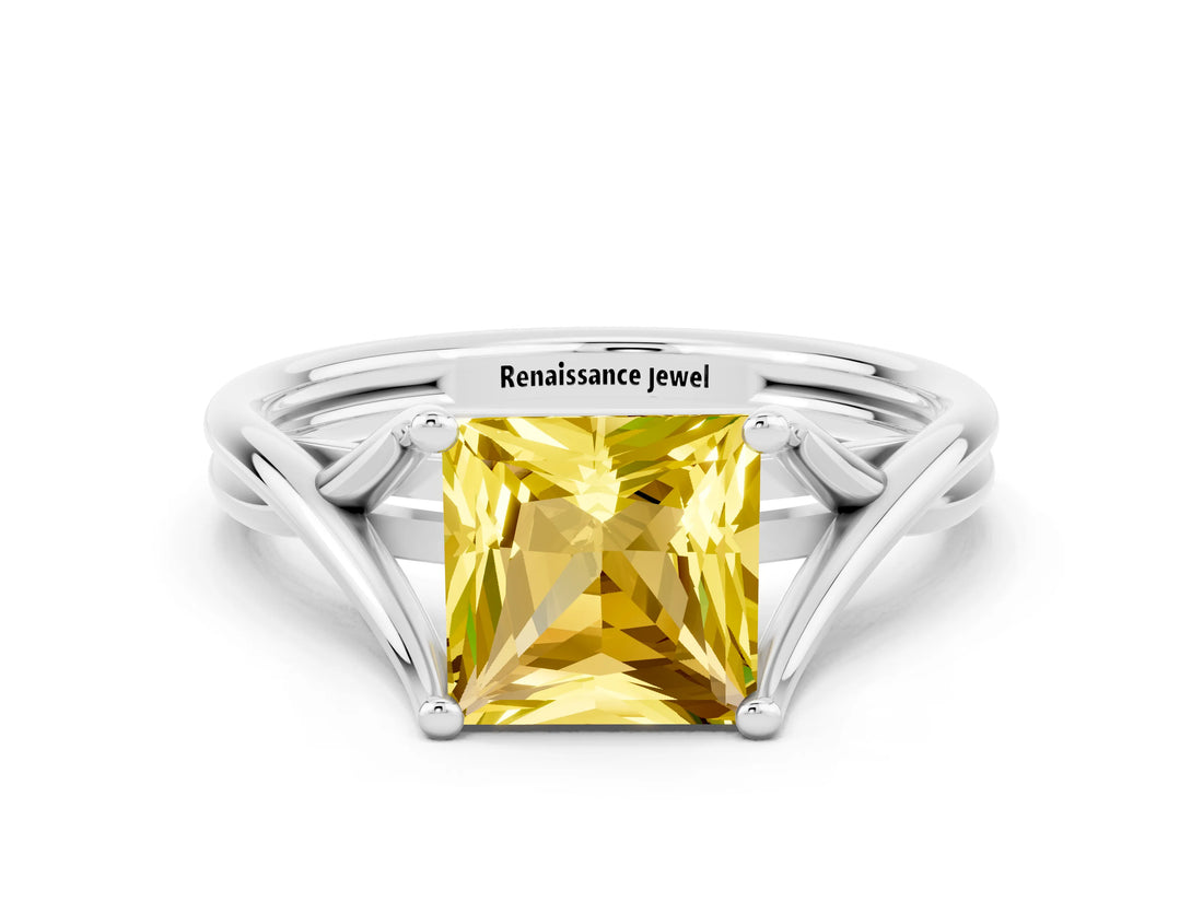 White gold Princess Cut Yellow Sapphire Solitaire Twist Band Prong Setting Ring_84