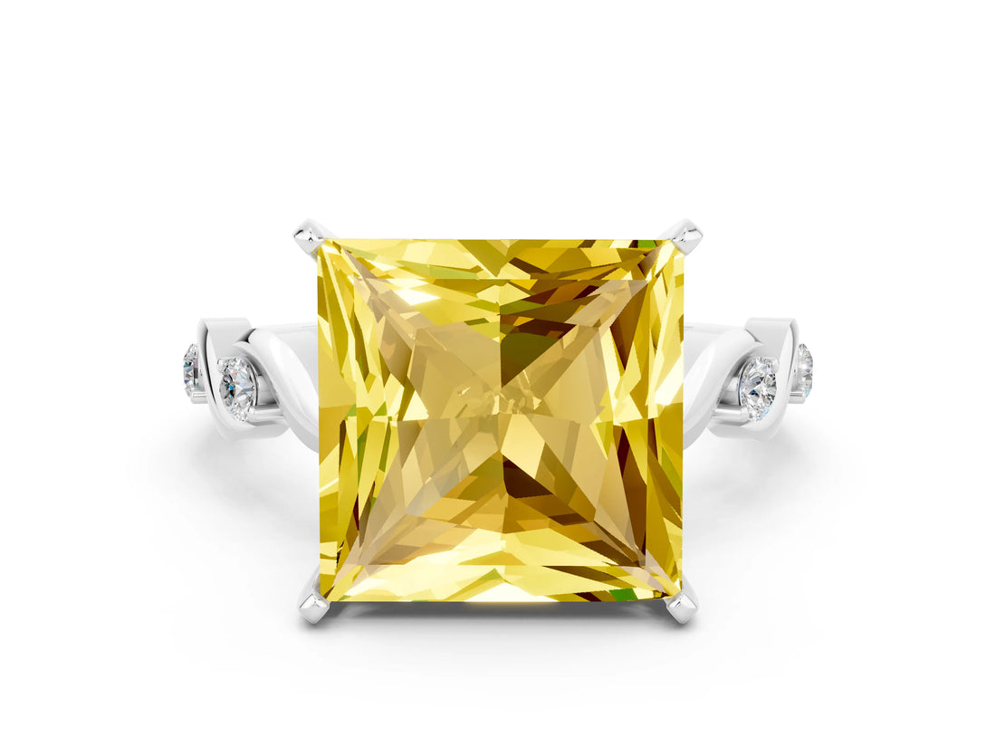 White gold Princess Cut Yellow Sapphire Solitaire Twisted Band with Round  Accents and Prong Setting_12