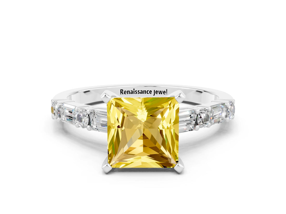 White gold Princess Cut Yellow Sapphire Solitaire with Side Baguettes and Channel Set Band_24