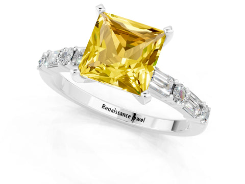 White gold Princess Cut Yellow Sapphire Solitaire with Side Baguettes and Channel Set Band_25