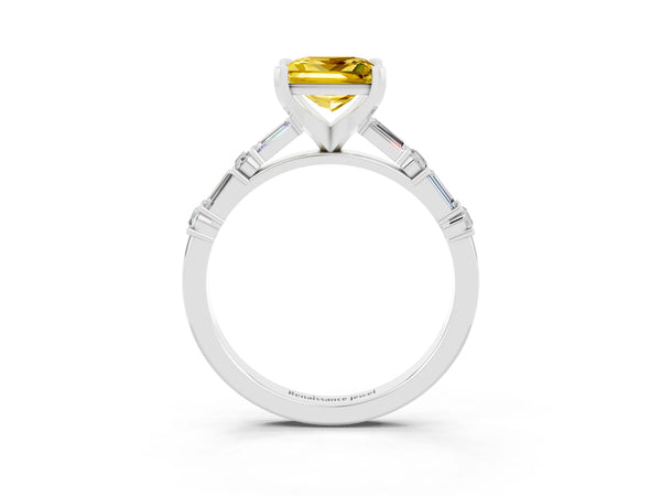 White gold Princess Cut Yellow Sapphire Solitaire with Side Baguettes and Channel Set Band