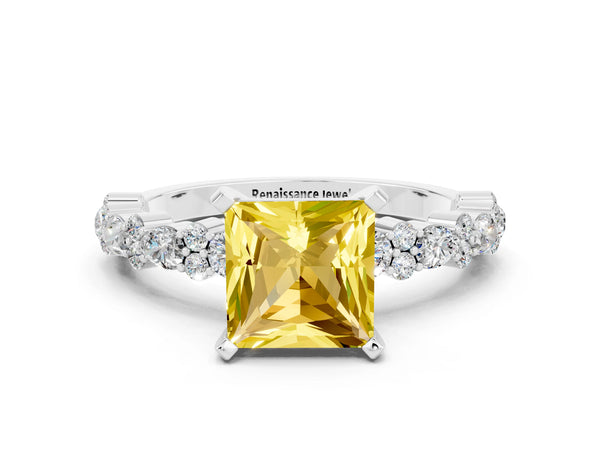 Platinum Princess Cut Yellow Sapphire Side Stone Solitaire Ring with Round  and Four-Prong Setting