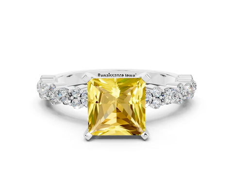 White gold Princess Cut Yellow Sapphire Solitaire with Side Stones, Pave Band, Four-Prong Setting_60
