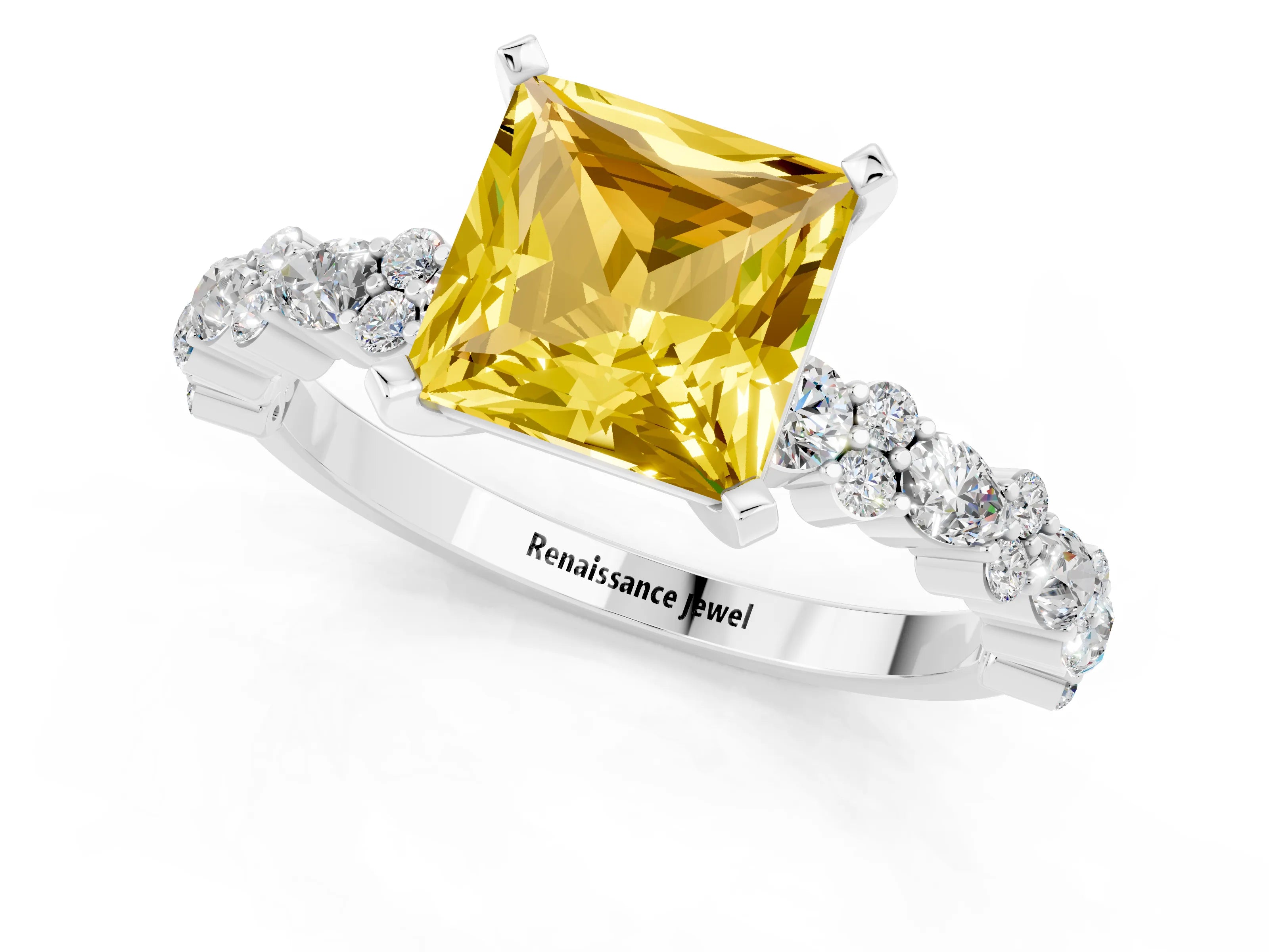 White gold Princess Cut Yellow Sapphire Solitaire with Side Stones, Pave Band, Four-Prong Setting_61