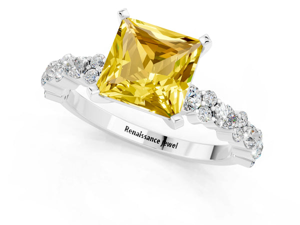 White gold Princess Cut Yellow Sapphire Side Stone Solitaire Ring with Round  and Four-Prong Setting