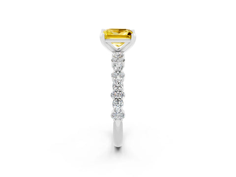 White gold Princess Cut Yellow Sapphire Solitaire with Side Stones, Pave Band, Four-Prong Setting_62