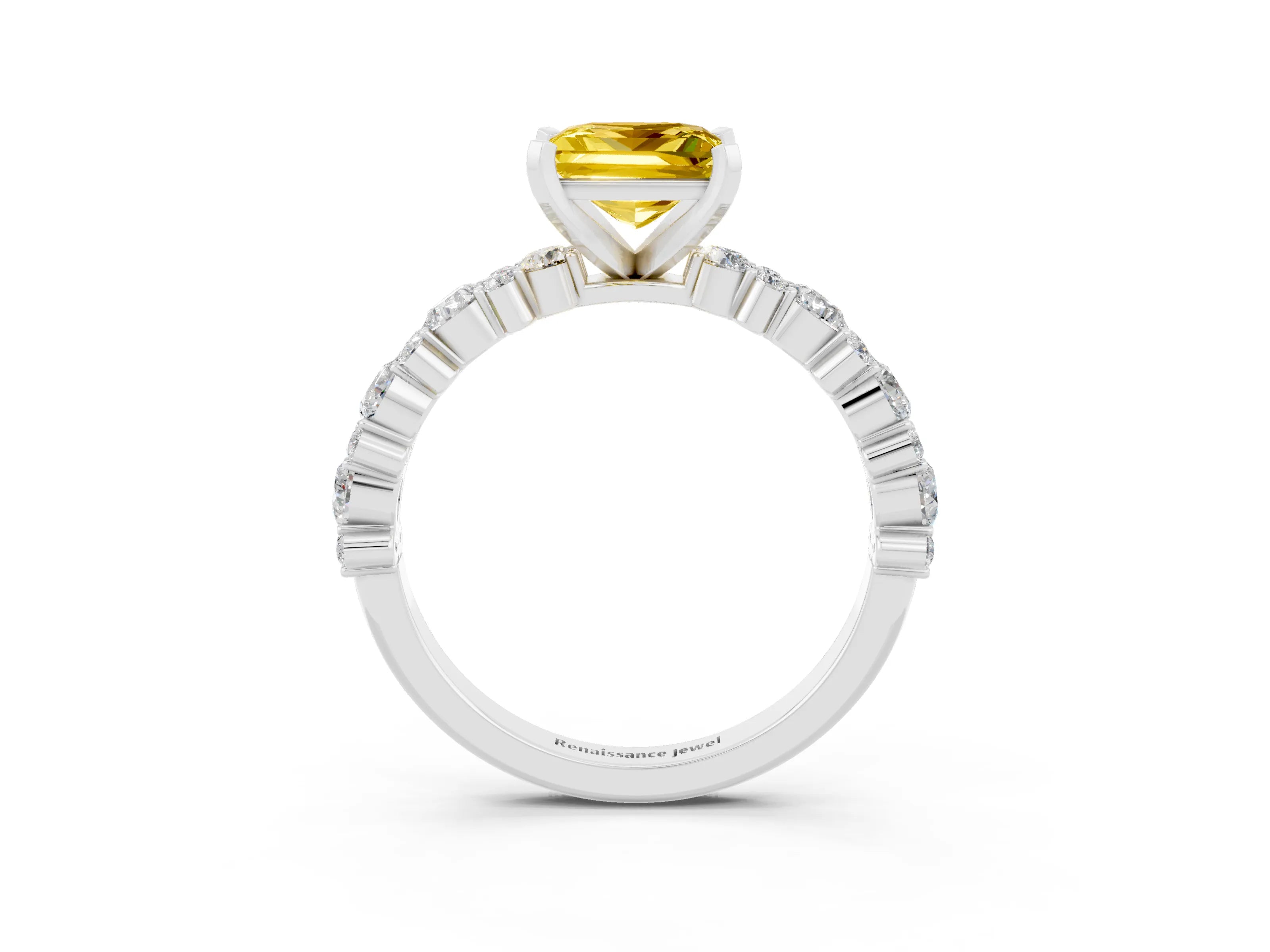 White gold Princess Cut Yellow Sapphire Solitaire with Side Stones, Pave Band, Four-Prong Setting_63