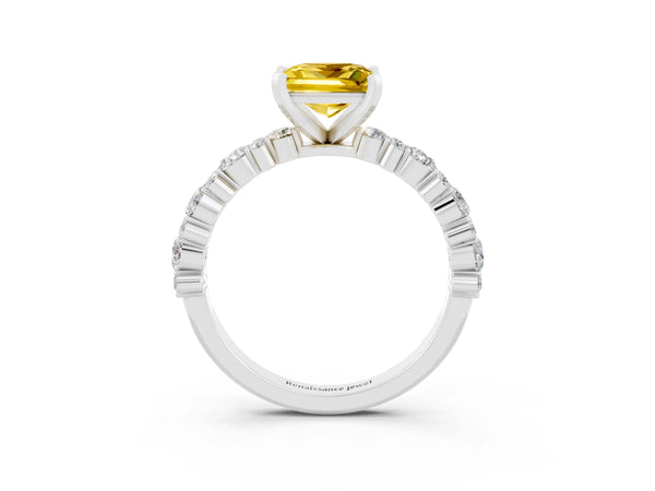 White gold Princess Cut Yellow Sapphire Side Stone Solitaire Ring with Round  and Four-Prong Setting