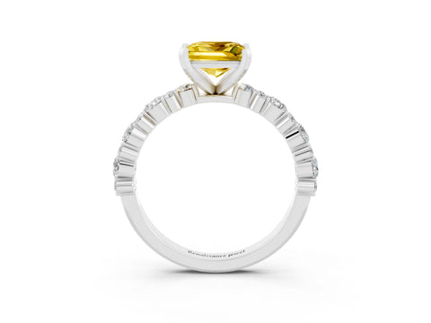 White gold Princess Cut Yellow Sapphire Solitaire with Side Stones, Pave Band, Four-Prong Setting_63