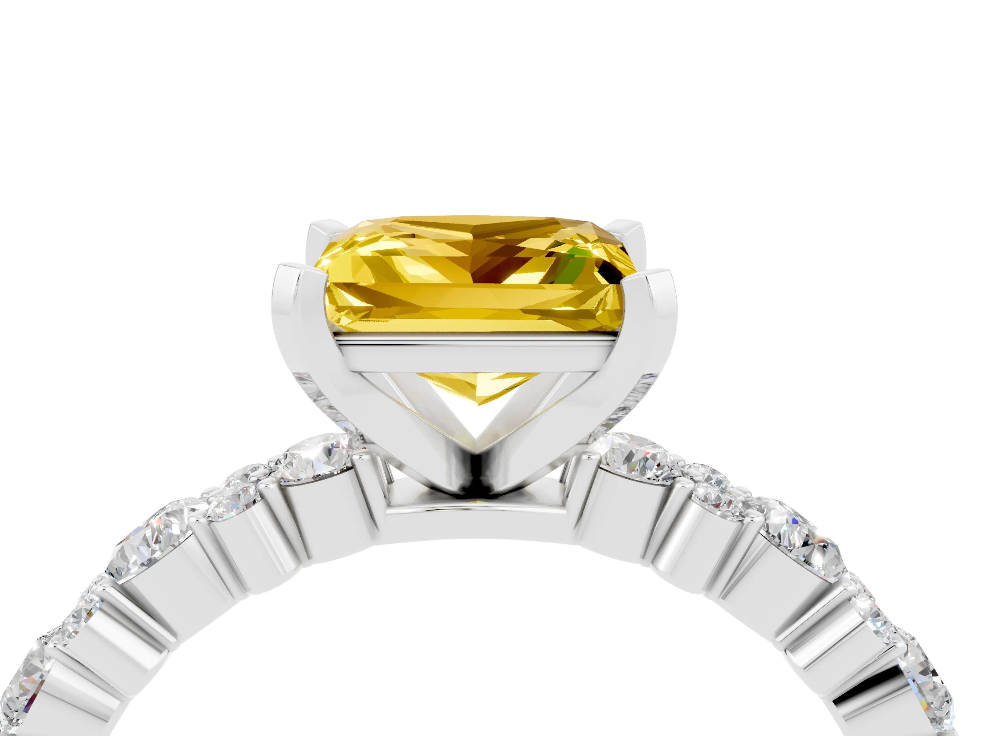 White gold Princess Cut Yellow Sapphire Solitaire with Side Stones, Pave Band, Four-Prong Setting_64