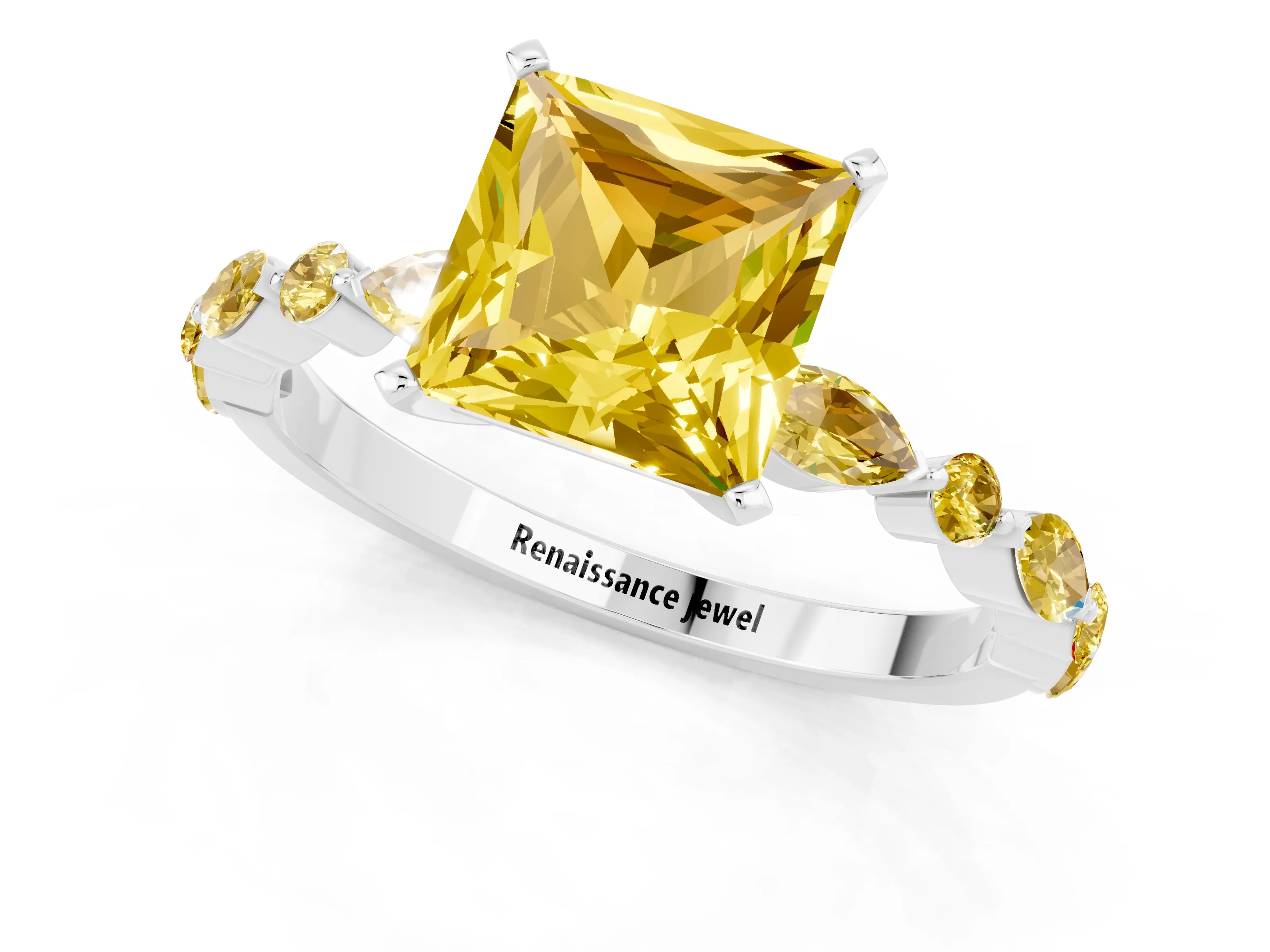 White gold Princess Cut Yellow Sapphire Solitaire with Side Stones on a Pavé Band and Four-Prong Setting_1
