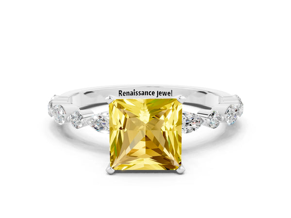 Silver Princess Cut Yellow Sapphire Ring with Marquise and Round  Side Stones and Four-Prong Setting