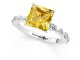 White gold Princess Cut Yellow Sapphire Solitaire with Side Stones on a Pavé Band and Four-Prong Setting_25