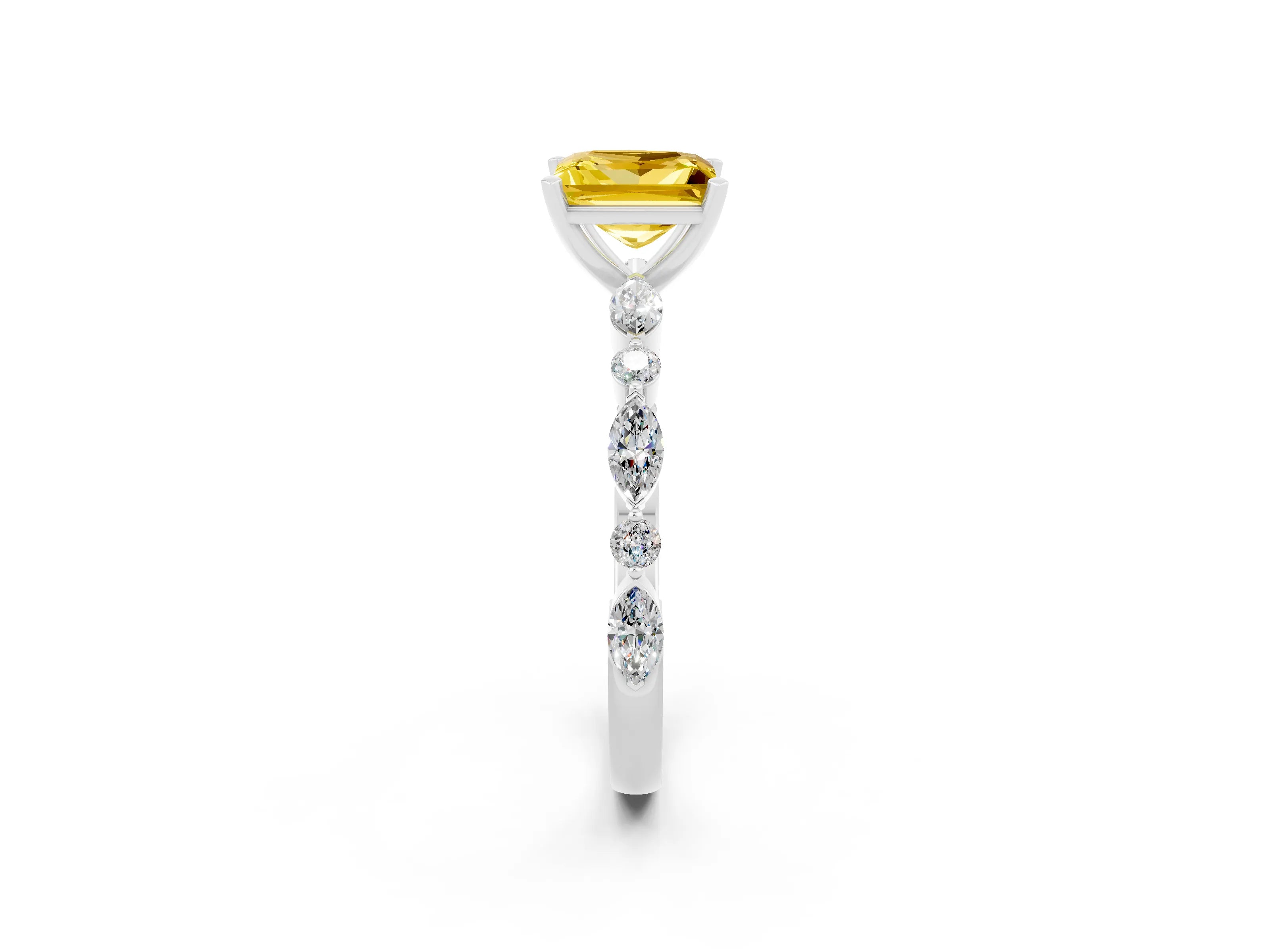 White gold Princess Cut Yellow Sapphire Solitaire with Side Stones on a Pavé Band and Four-Prong Setting_26