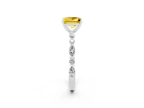 Silver Princess Cut Yellow Sapphire Ring with Marquise and Round  Side Stones and Four-Prong Setting