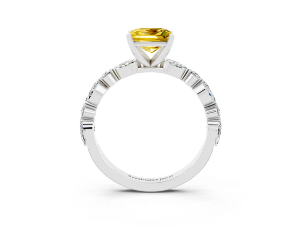 White gold Princess Cut Yellow Sapphire Ring with Marquise and Round  Side Stones and Four-Prong Setting
