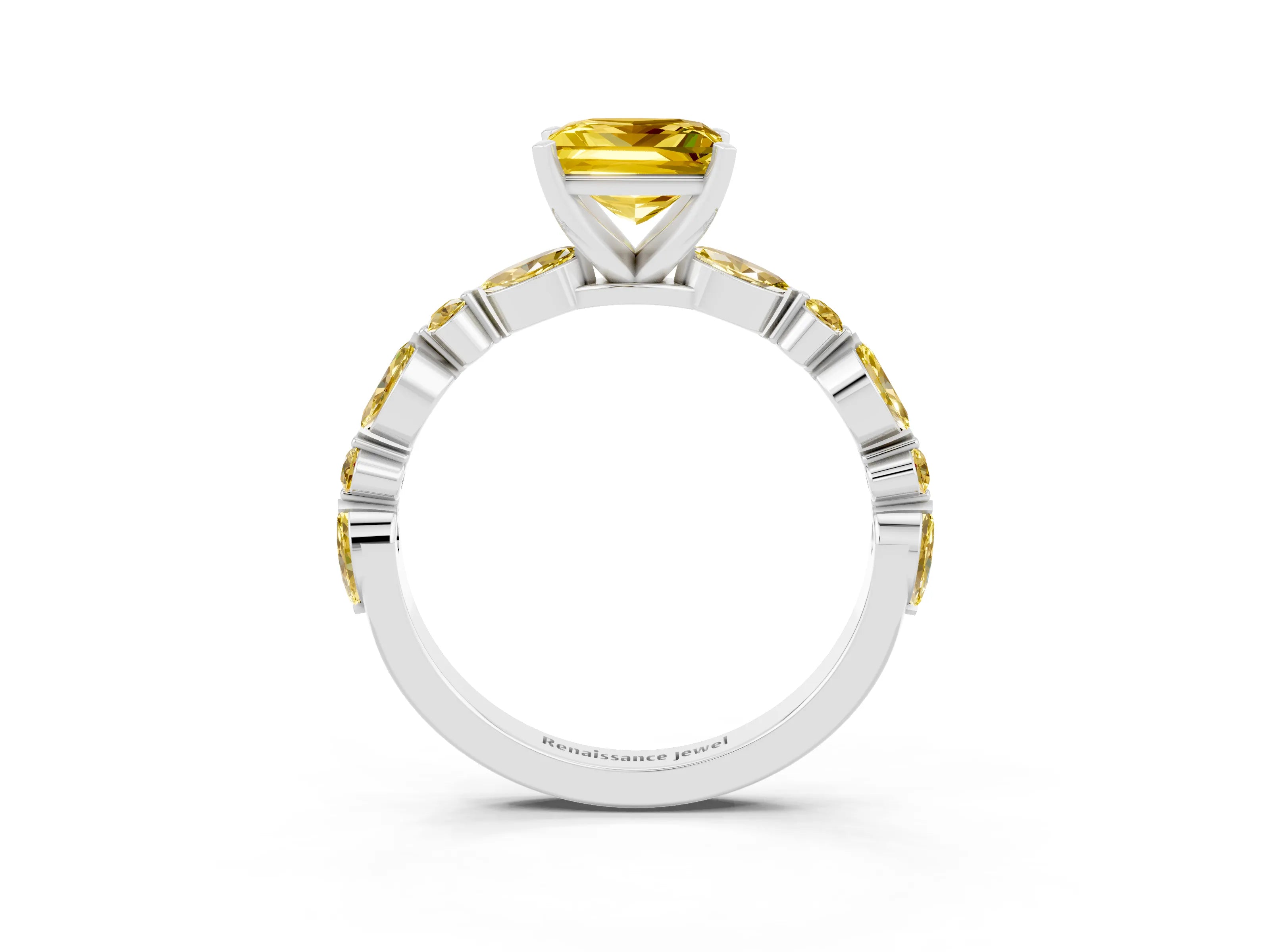 White gold Princess Cut Yellow Sapphire Solitaire with Side Stones on a Pavé Band and Four-Prong Setting_3