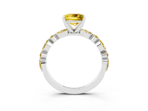White gold Princess Cut Yellow Sapphire Solitaire with Side Stones on a Pavé Band and Four-Prong Setting_3