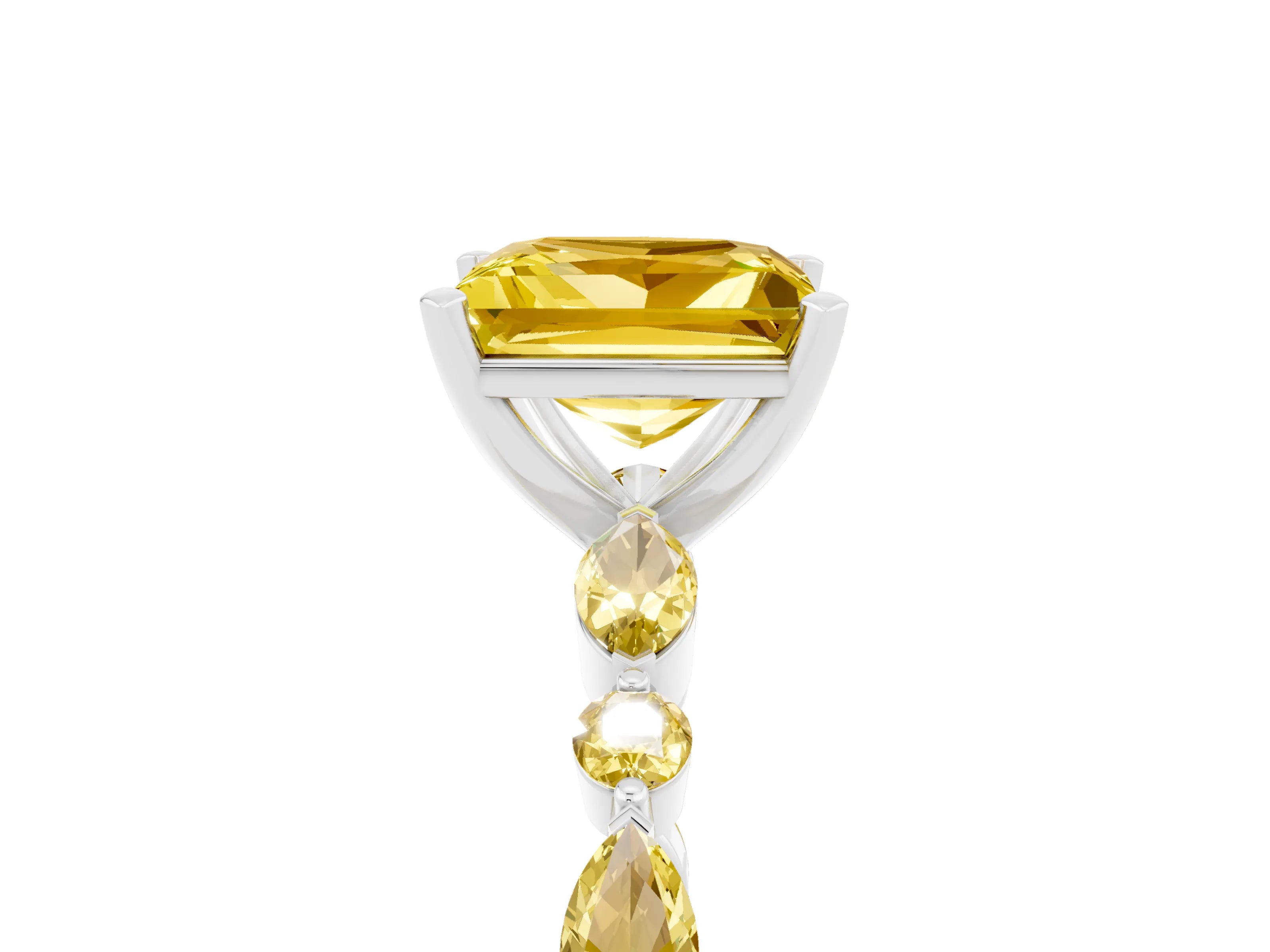 White gold Princess Cut Yellow Sapphire Solitaire with Side Stones on a Pavé Band and Four-Prong Setting_5