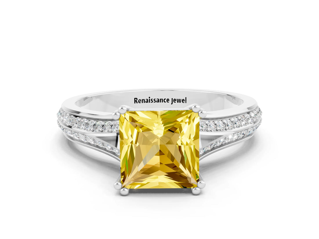 White gold Princess Cut Yellow Sapphire Split Shank Engagement Ring with Pavé Band_24
