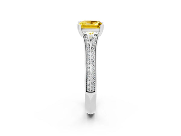 Platinum Princess Cut Yellow Sapphire Split Shank Engagement Ring with Pavé Band