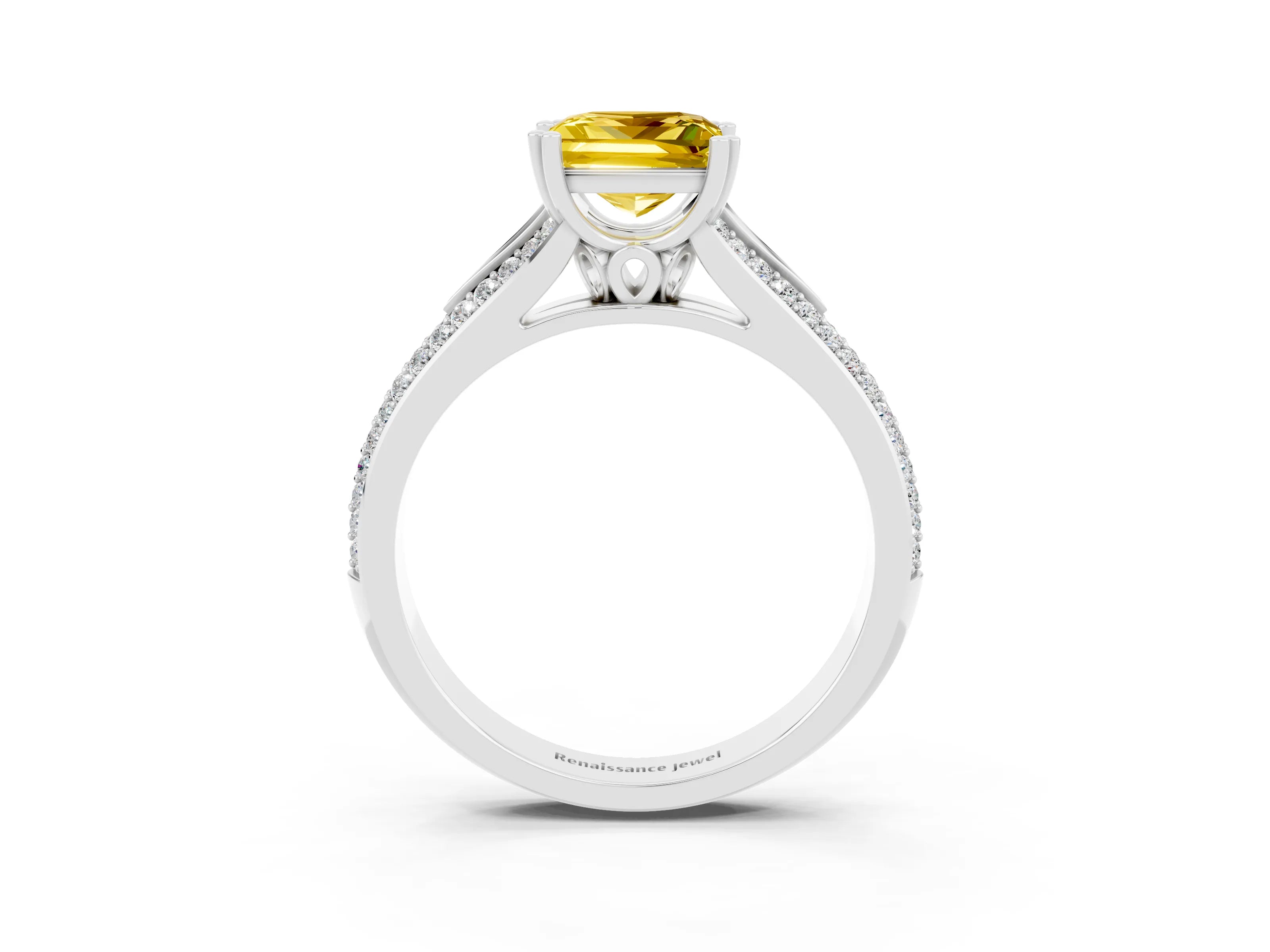 White gold Princess Cut Yellow Sapphire Split Shank Engagement Ring with Pavé Band_27