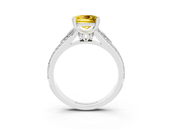 Silver Princess Cut Yellow Sapphire Split Shank Engagement Ring with Pavé Band